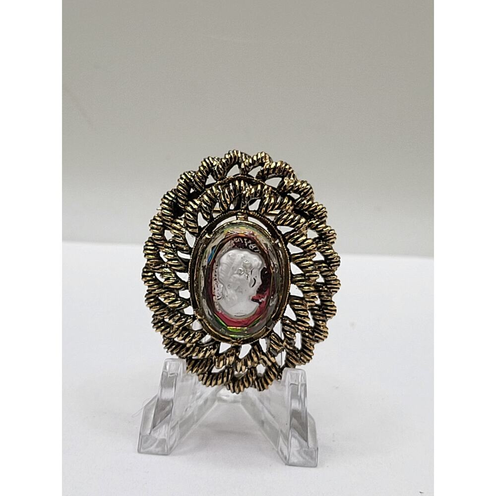 Vintage Cameo Style Glass Brooch Gold Tone Filigree Rainbow Effect